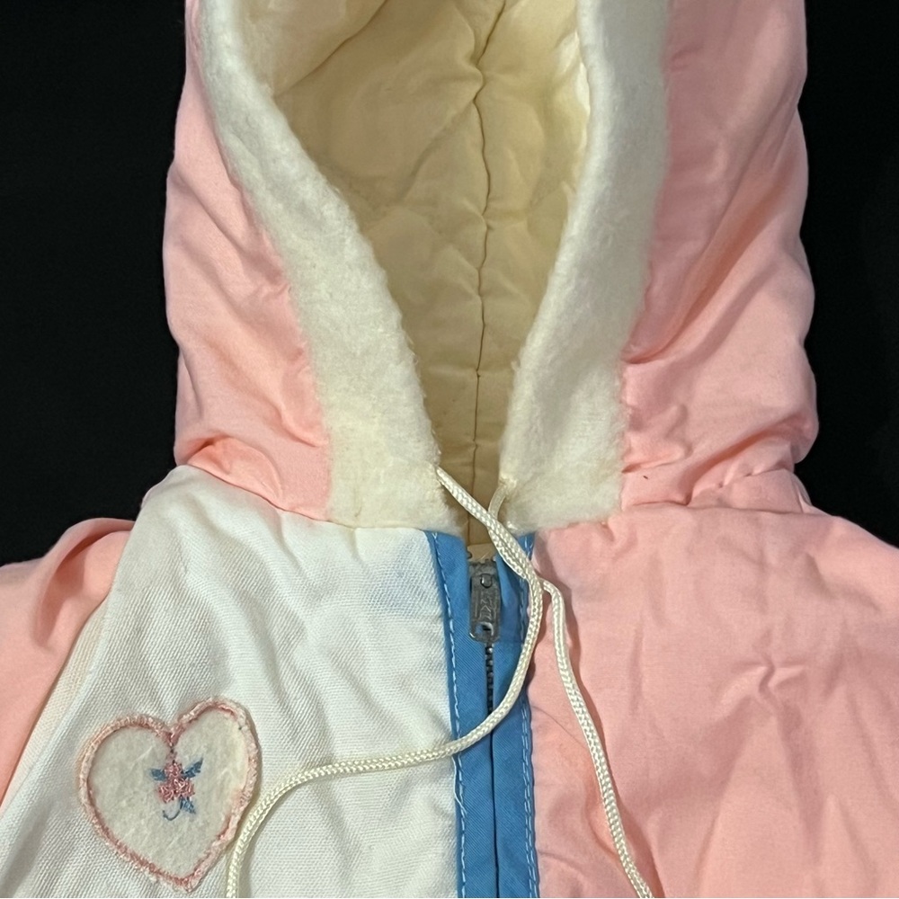 Vintage Pink and White Hooded Jacket with Blue Accents Hearts